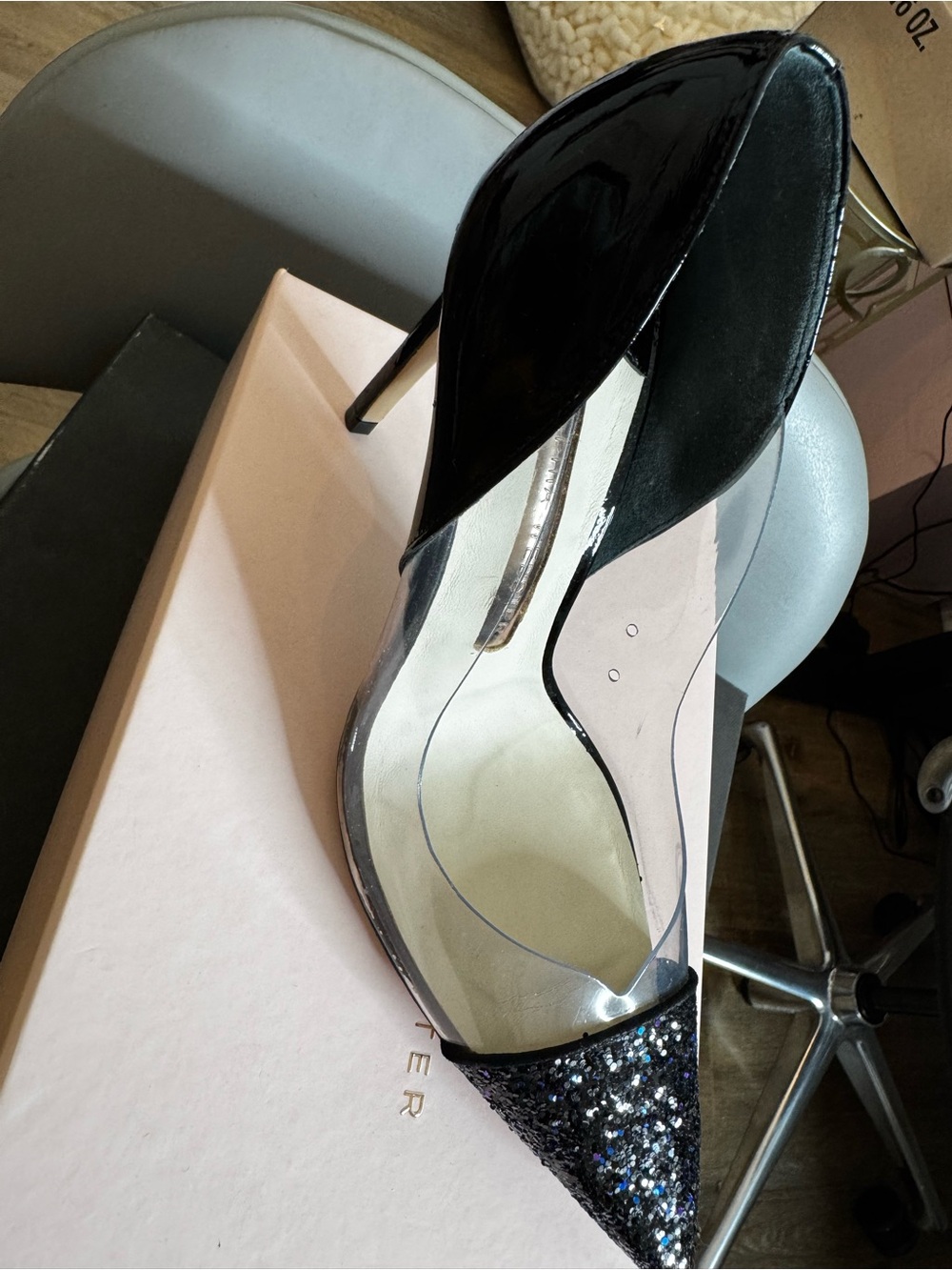 Black Pointed Clear Panel Glitter Toe Stiletto Pump